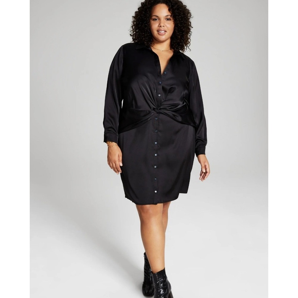 And Now This Womens Satin Faux Wrap Midi Dress Black Twist Front 2X NWT